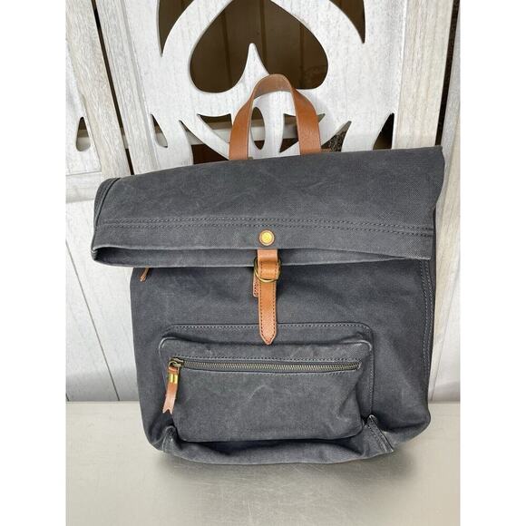 Madewell Black Navy Canvas Brown Leather Straps Backpack Bag Minimalist Boho - Picture 1 of 8